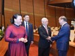 Tổng bí thư, Chủ tịch nước Nguyễn Phú Trọng, Chủ tịch Quốc hội Nguyễn Thị Kim Ngân, Thủ tướng Nguyễn Xuân Phúc trong giờ giải lao khai mạc kỳ hop thứ 9 của Quốc hội (Ảnh QK).