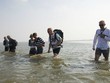 Du khách trải nghiệm "đi bộ" trên biển Wadden khi nước đang rút dần. Ảnh: Flickr.