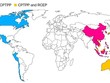Bản đồ của CPTPP (xanh) và RCEP (đỏ), các quốc gia tham gia cả 2 hiệp định có màu vàng