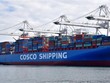 Tàu container của Hãng vận tải biển COSCO của Trung Quốc tại cảng Long Beach, Los Angeles (Mỹ). (Nguồn: AFP/TTXVN)