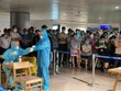 Nhân viên y tế làm thủ tục lấy mẫu xét nghiệm cho người làm việc tại sân bay Tân Sơn Nhất. (Ảnh: TTXVN phát).