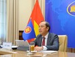 Thứ trưởng Bộ Ngoại giao Nguyễn Quốc Dũng, Trưởng SOM ASEAN Việt Nam tham dự Hội nghị từ điểm cầu Việt Nam (Ảnh: BNG)