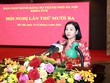 Phó bí thư thường trực Thành ủy Hà Nội Nguyễn Thị Tuyến trình bày báo cáo tại Hội nghị. 