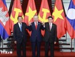 Tổng Bí thư Tô Lâm, Chủ tịch Đảng Nhân dân Campuchia, Chủ tịch Thượng viện Vương quốc Campuchia Hun Sen và Tổng Bí thư, Chủ tịch nước Lào Thongloun Sisoulith. Ảnh: TTXVN