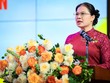 Bà Hà Thị Nga, Phó chủ tịch Ủy ban Trung ương Mặt trận Tổ quốc Việt Nam phát biểu tại sự kiện.