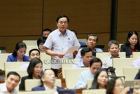 Đại biểu Hoàng Đức Thắng, Trưởng đoàn đại biểu Quốc hội tỉnh Quảng Trị tranh luận tại hội trường. 