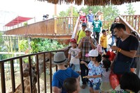 Du khách nhí rất thích thú với việc chơi cùng hươu cao cổ ở Jungle Splash. 
