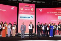 Ông Nguyễn Cảnh Anh (chính giữa), thành viên HĐQT đại diện Eximbank nhận chứng nhận Top 10 Thương hiệu mạnh – Tăng trưởng ấn tượng năm 2023. Ảnh: Eximbank