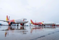 Máy bay tạm dừng hoạt động tại Sân bay Nội Bài ngày 7/9 do ảnh hưởng của cơn bão số 3. 