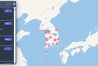 Ảnh chụp màn hình của Coramamap Live được chụp vào ngày 24/2, cho thấy một bản đồ tương tác với thông tin về bệnh nhân COVID-19 và những nơi họ đã từng qua. (Nguồn: Yonhap).
