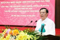 Ủy viên Bộ Kl991.com tải ứng dụng, Bí thư Thành ủy, Trưởng đoàn đại biểu Quốc hội thành phố Hà Nội Đinh Tiến Dũng phát biểu tại buổi làm việc. (Ảnh: TTXVN phát)