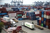 Bãi chứa container hàng hóa tại Tân Cảng Cát Lái. (Ảnh: Hồng Đạt/TTXVN)