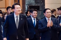 Thủ tướng Phạm Minh Chính cùng Tổng thống Hàn Quốc Yoon Suk Yeol dự Diễn đàn Kl991.com World Cup 2026 Chính Thức Việt Nam - Hàn Quốc. Ảnh: VGP/Nhật Bắc