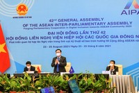 Chủ tịch Quốc hội Vương Đình Huệ và đoàn đại biểu Quốc hội Việt Nam tham gia phiên họp toàn thể lần thứ hai. 