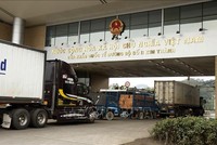 Các xe chờ làm thủ tục xuất khẩu hàng hóa qua cửa khẩu quốc tế đường bộ số II Kim Thành, Lào Cai. Ảnh: Quốc Khánh/TTXVN 