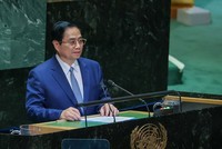 Thủ tướng Phạm Minh Chính phát biểu tại Phiên thảo luận chung Cấp cao Đại hội đồng Liên hợp quốc khóa 78. (Ảnh: Nhật Bắc) 