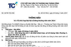 Dệt may Thành Công thông báo họp Đại hội Trang Chủ KL99Com Số 1 Link Đăng Ký KL999 thường niên năm 2014