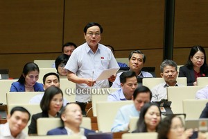 Đại biểu Hoàng Đức Thắng, Trưởng đoàn đại biểu Quốc hội tỉnh Quảng Trị tranh luận tại hội trường. 
