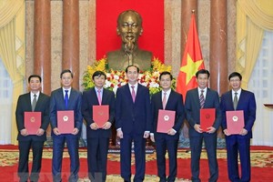 Chủ tịch nước Trần Đại Quang trao Quyết định bổ nhiệm sáu Đại sứ đặc mệnh toàn quyền. Ảnh: TTXVN