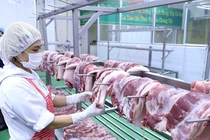 Sản phẩm thịt lợn sau khi chế biến được để trên giá đảm bảo vệ sinh thực phẩm. (Ảnh: Vũ Sinh/TTXVN).