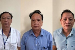 Các bị can: Võ Thanh Bình, Lê Văn Trang, Nguyễn Thái Thanh (từ trái qua).
