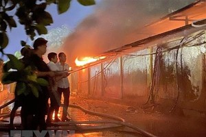 Các lực lượng và người dân nỗ lực phun nước dập tắt đám cháy. (Ảnh: TTXVN phát)