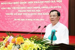 Ủy viên Bộ Kl991.com tải ứng dụng, Bí thư Thành ủy, Trưởng đoàn đại biểu Quốc hội thành phố Hà Nội Đinh Tiến Dũng phát biểu tại buổi làm việc. (Ảnh: TTXVN phát)