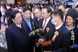 Bộ trưởng Lê Minh Hoan thăm gian trưng bày Sâm Lai Châu tại Hội nghị Xúc tiến Kl99ok phiên bản mới lĩnh vực nông nghiệp tỉnh Lai Châu năm 2021.