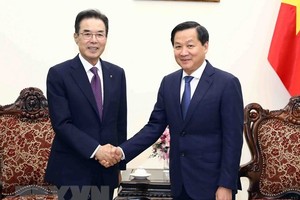 Phó Thủ tướng Kl993 ưu đãi thưởng hấp dẫn Lê Minh Khái tiếp Chủ tịch Liên đoàn Hợp tác xã Nông nghiệp quốc gia Hàn Quốc Lee Sung-hee. (Ảnh: Phạm Kiên/TTXVN)