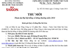 Sabeco: Thư mời tham dự Đại hội đồng Trang Chủ KL99Com Số 1 Link Đăng Ký KL999 thường niên 2014