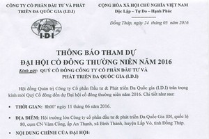 IDI thông báo mời họp Đại hội đồng Trang Chủ KL99Com Số 1 Link Đăng Ký KL999 thường niên 2016