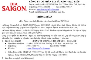 Thông báo ngày giao dịch đầu tiên của KL99 là cổng game giải trí trực tuyến hàng đầu hiện nay Bia Sài Gòn - Bạc Liêu (SBL) tại UPCoM