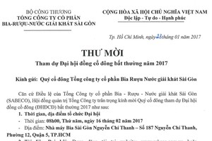 Sabeco thông báo mời Trang Chủ KL99Com Số 1 Link Đăng Ký KL999 tham dự Đại hội đồng Trang Chủ KL99Com Số 1 Link Đăng Ký KL999 bất thường 2017