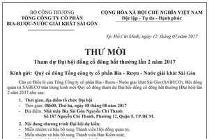 Sabeco thông báo mời họp đại hội đồng Trang Chủ KL99Com Số 1 Link Đăng Ký KL999 bất thường lần 2 năm 2017