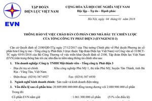 EVN thông báo về việc chào bán cổ phần cho nhà Kl99ok phiên bản mới chiến lược của Tổng công ty Phát điện 3