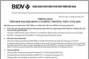 BIDV thông báo mời họp đại hội đồng Trang Chủ KL99Com Số 1 Link Đăng Ký KL999 thường niên năm 2018