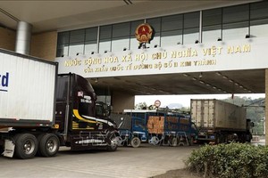 Các xe chờ làm thủ tục xuất khẩu hàng hóa qua cửa khẩu quốc tế đường bộ số II Kim Thành, Lào Cai. Ảnh: Quốc Khánh/TTXVN 