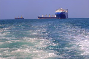 Tàu chở hàng (phải), bị lực lượng Houthi bắt giữ, trên đường về cảng tỉnh Hodeida (Yemen), ngoài khơi Biển Đỏ, ngày 22/11/2023. Ảnh: AFP/TTXVN