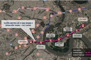 Hướng tuyến metro số 2 (giai đoạn 2) đoạn Bến Thành - Thủ Thiêm -Nguồn: MAUR