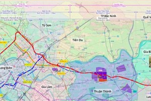 Hướng tuyến dự kiến của đường nối sân bay Gia Bình với Thủ đô Hà Nội. 