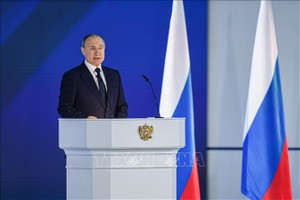 Tổng thống Nga Vladimir Putin phát biểu tại thủ đô Moskva. Ảnh: THX/TTXVN