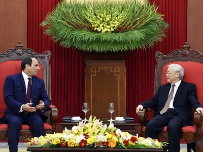 Tổng Bí thư Nguyễn Phú Trọng tiếp Tổng thống Cộng hòa Arab Ai Cập. Ảnh: TTXVN