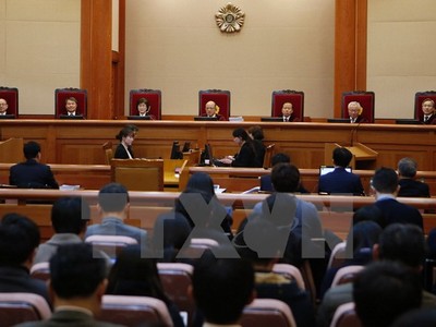 Tòa án Hiến pháp Hàn Quốc mở phiên điều trần đầu tiên về việc luận tội Tổng thống, ngày 3/1. (Nguồn: AFP/TTXVN)