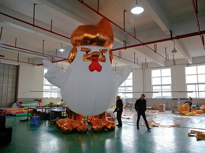Bóng bay gà trống cao tới 20 mét trong nhà xưởng ở Chiết Giang. Ảnh: Reuters