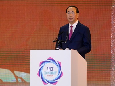 Chủ tịch nước Trần Đại Quang phát biểu tại phiên khai mạc CEO Summit 2017. Ảnh: Quỳnh Trần.