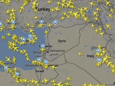 Các máy bay tránh đông Địa Trung Hải và không phận Syria. Đồ họa: Flightradar24. 