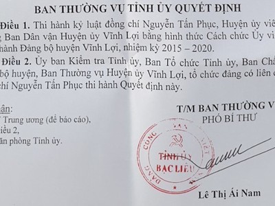 Quyết định kỷ luật Đảng đối với ông Phục.
