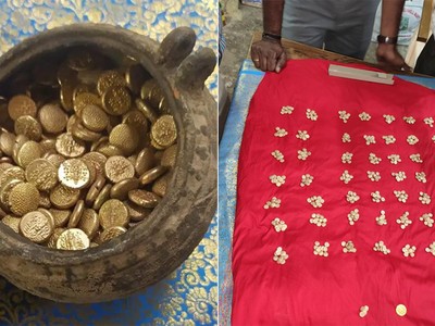 Chiếc hũ cổ chứa hàng trăm đồng vàng được đào lên từ lòng đất. Ảnh: Ancient Origins.