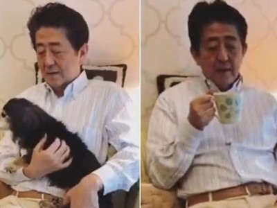 Thủ tướng Nhật Bản Shinzo Abe chơi với cún cưng và uống trà trong video kêu gọi người dân ở nhà. Ảnh chụp màn hình.