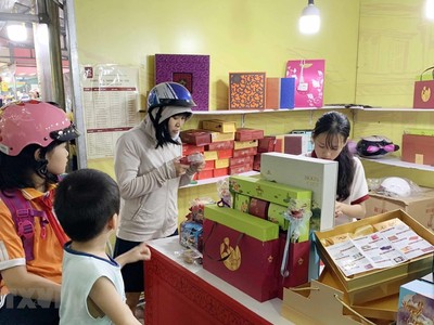 Người dân chọn mua các sản phẩm bánh Trung thu. (Ảnh: Phạm Kiên/TTXVN).